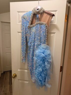 Iridescent Light Blue Sequin One-Shoulder Dress with Tulle Ruffle